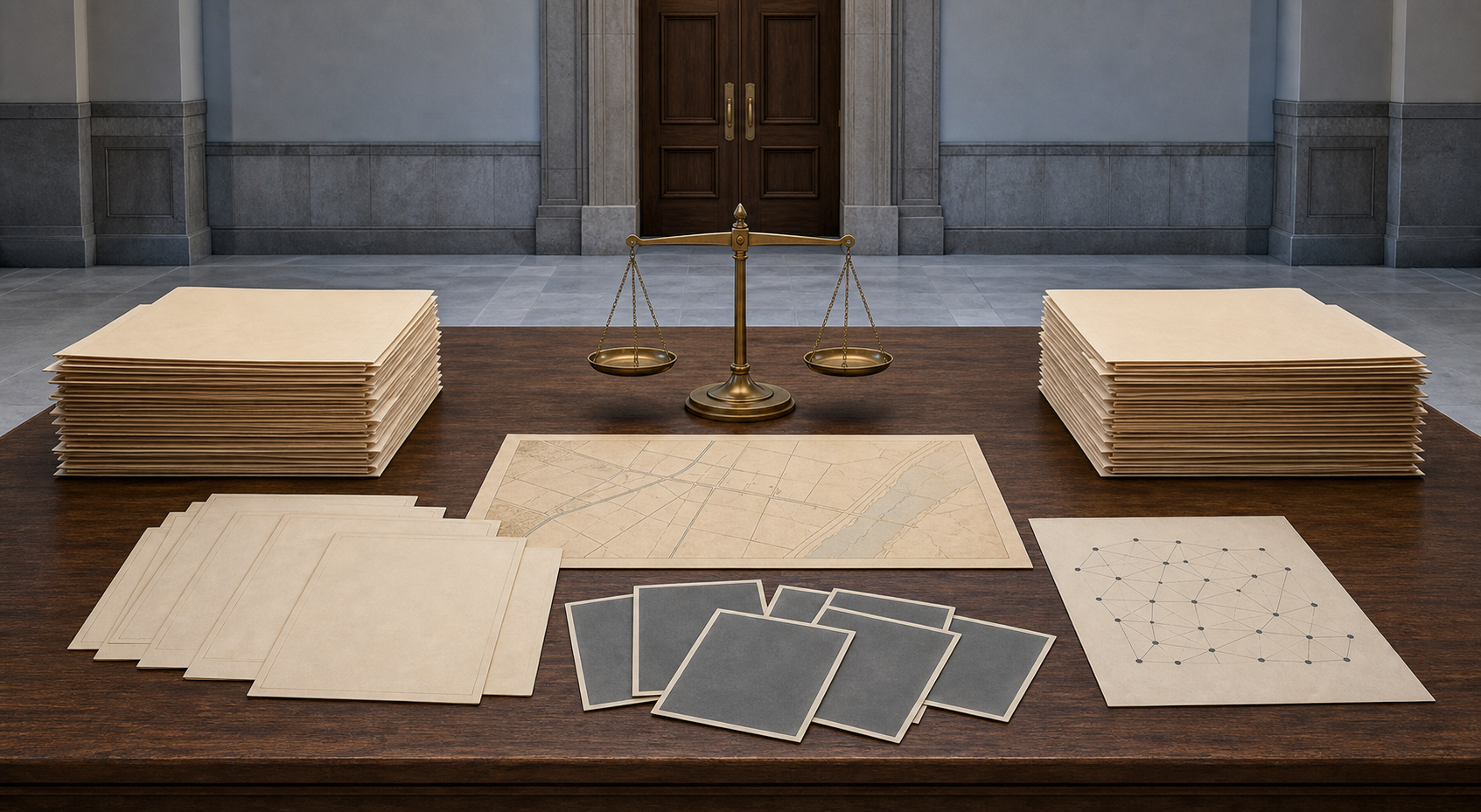 A balanced evidence table holds opposing case files, blank deeds, an unlabeled parcel map, survey materials, and a level brass balance facing a courthouse doorway.