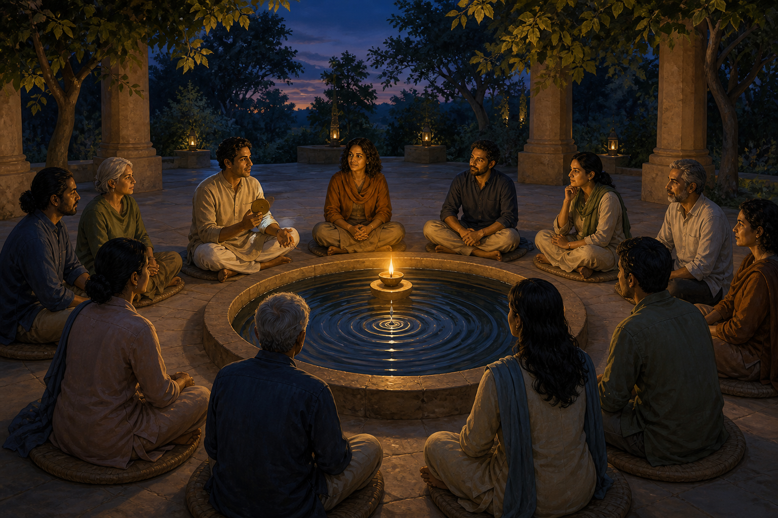 Anonymous adults listen in a circle around a lit oil lamp and a stone basin with concentric ripples in the water.