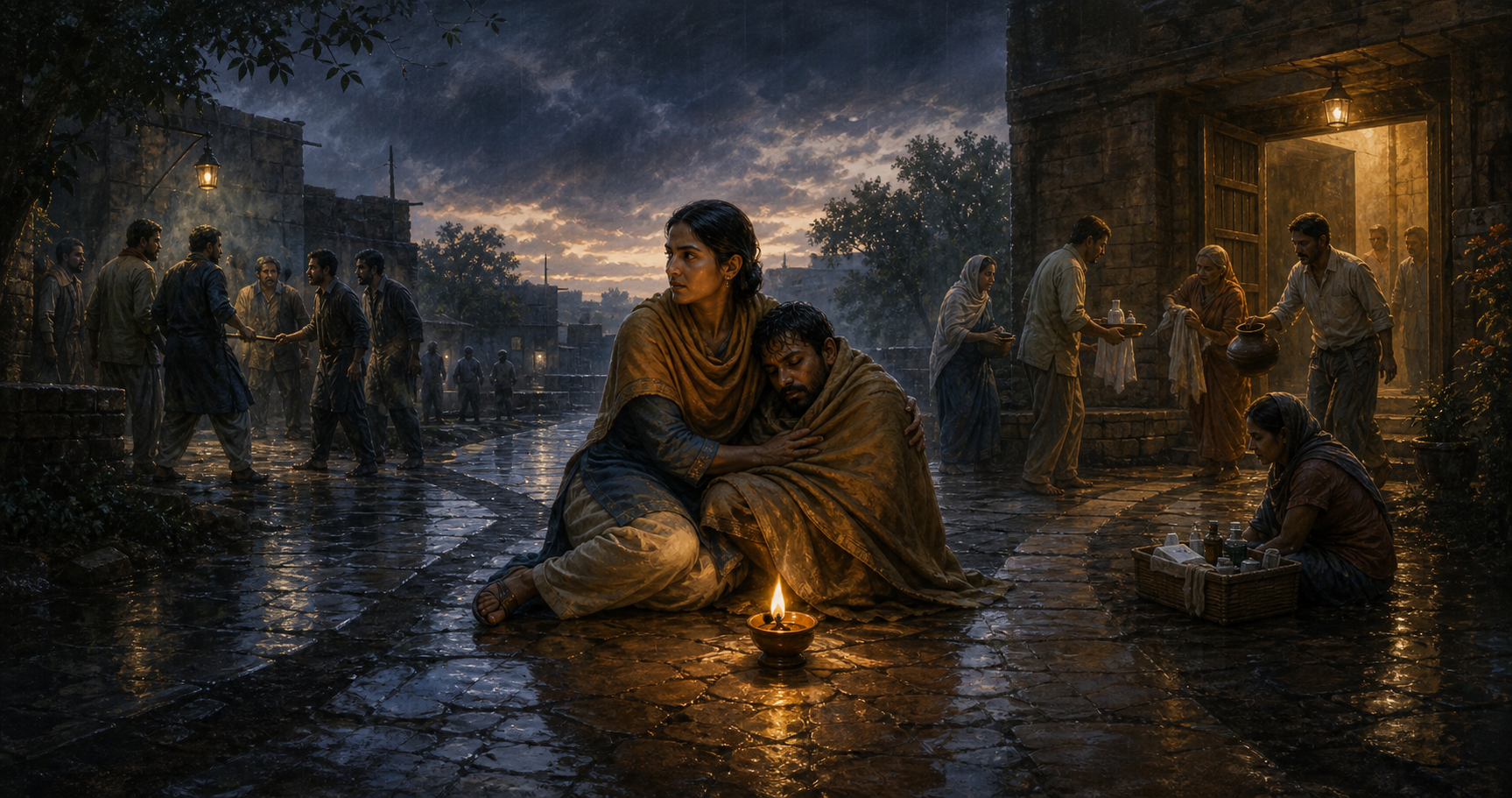 A person shelters an injured stranger in a rainy courtyard while neighbors offer aid and others confront an act of intimidation nearby.