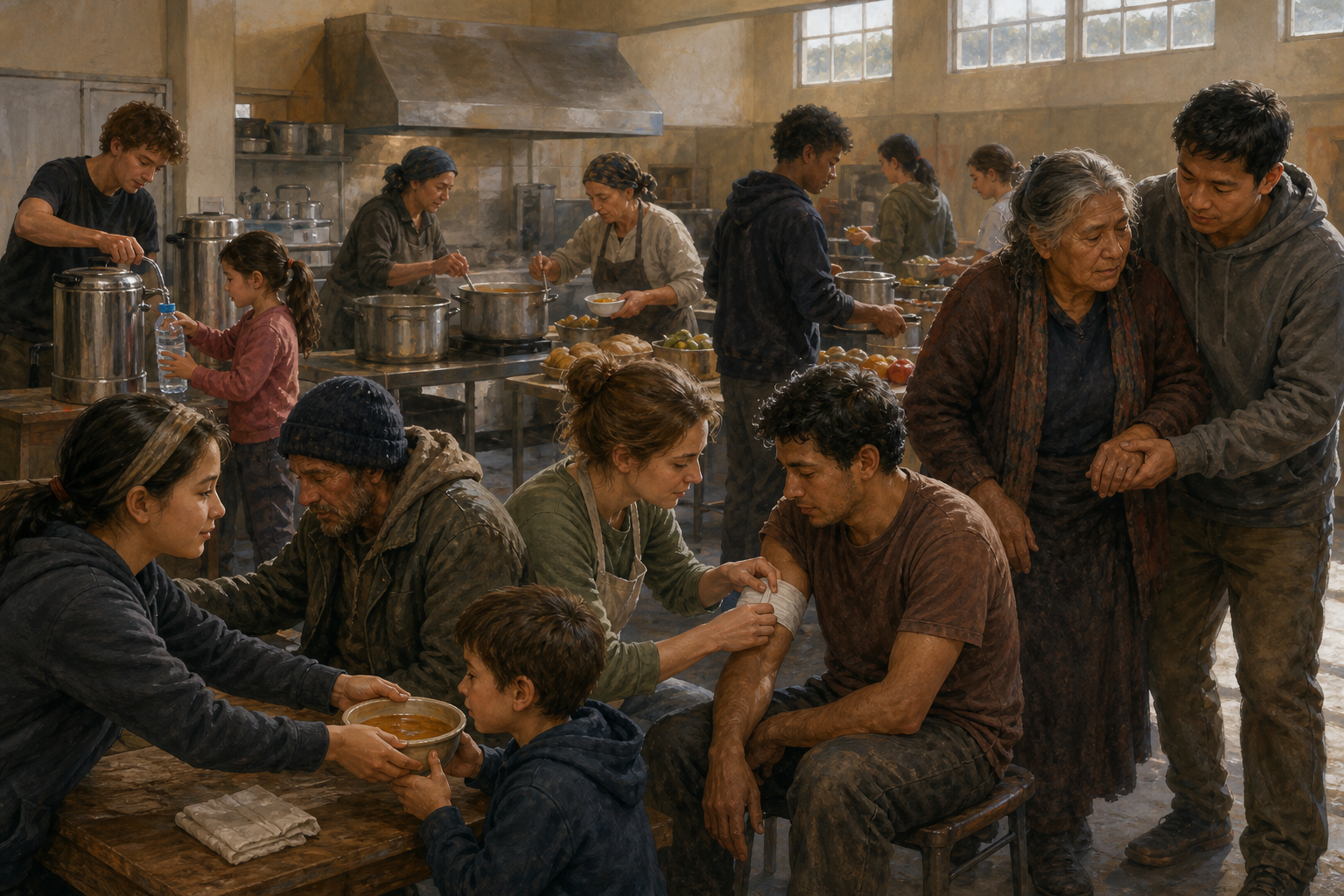 Volunteers in a community kitchen prepare food, provide water, bandage an injured person, and help an exhausted elder.
