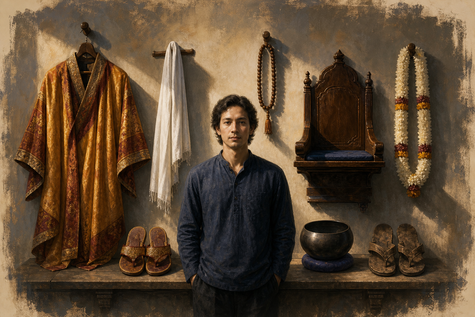 An anonymous person stands before ceremonial clothing, prayer beads, seats, bowls, sandals, and garlands casting overlapping shadows.