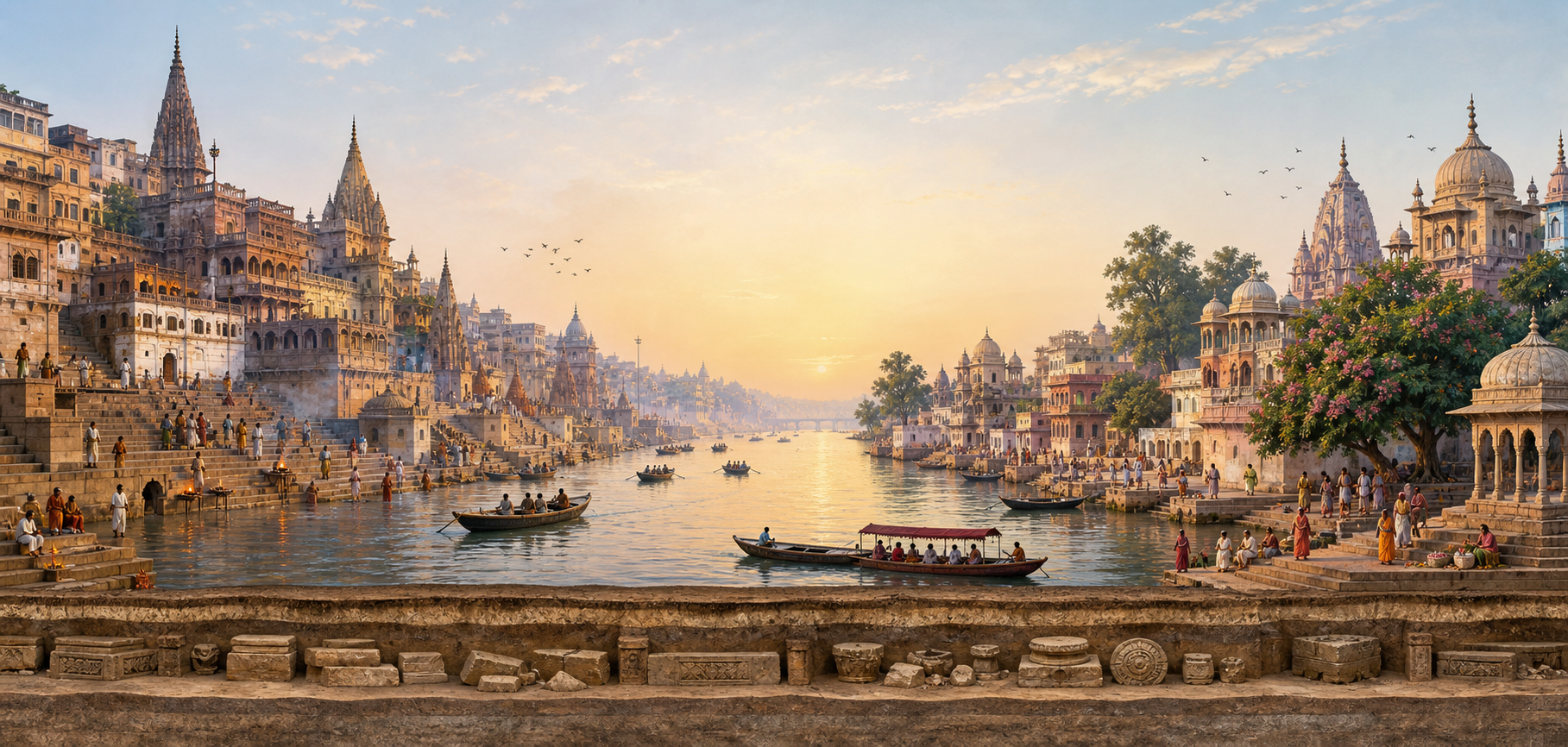 A panoramic illustration pairs the Ganga ghats of Kashi with the Yamuna riverfront of Mathura, linked in the foreground by preserved stone fragments and archaeological layers.