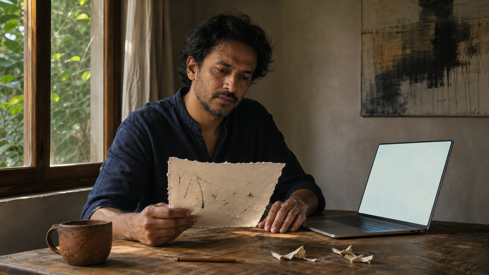 A writer holds a rough-edged sheet at a wooden desk beside a glowing laptop, paper scraps, a pencil, and an uneven clay cup.
