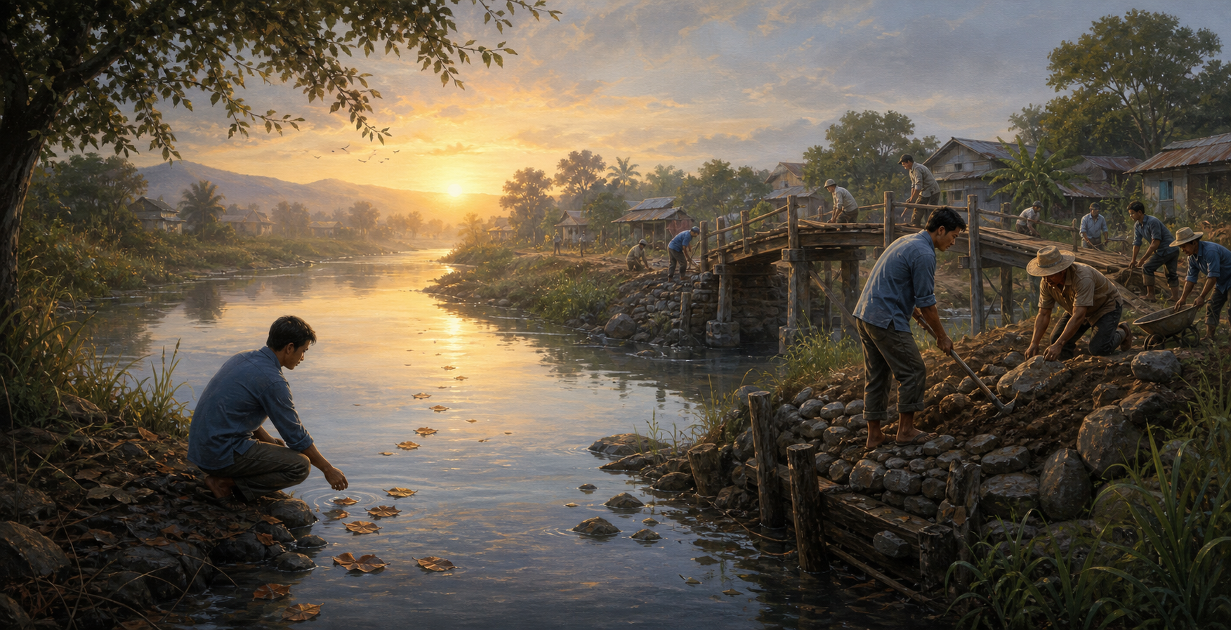 A person first watches leaves drift down a river and then joins neighbors repairing a damaged bridge and riverbank.