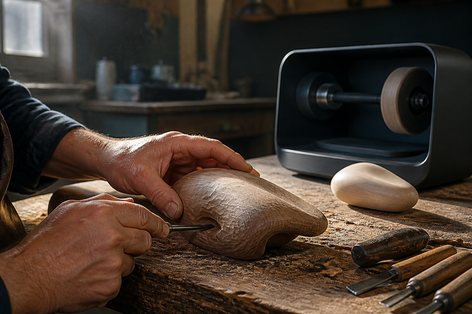 A maker carves an asymmetrical wooden form by hand while an inactive polishing machine and a smooth sample sit farther back.