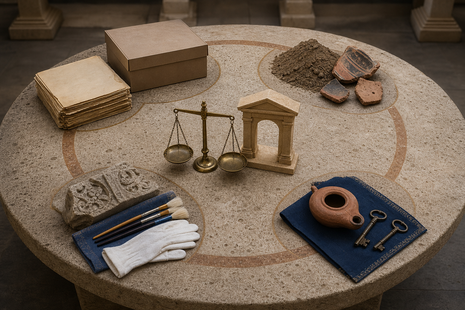 Five groups of objects on a circular stone table represent historical records, archaeology, law, conservation, and the lives of devotees and residents.