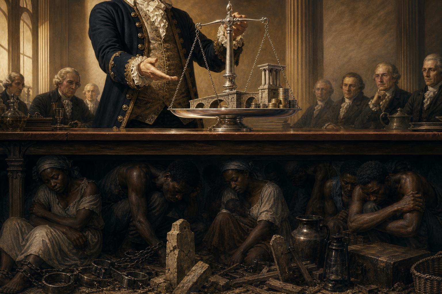 A colonial administrator displays a scale holding a bridge, a column, and coins while shackles, seized belongings, and coerced workers support the table below.