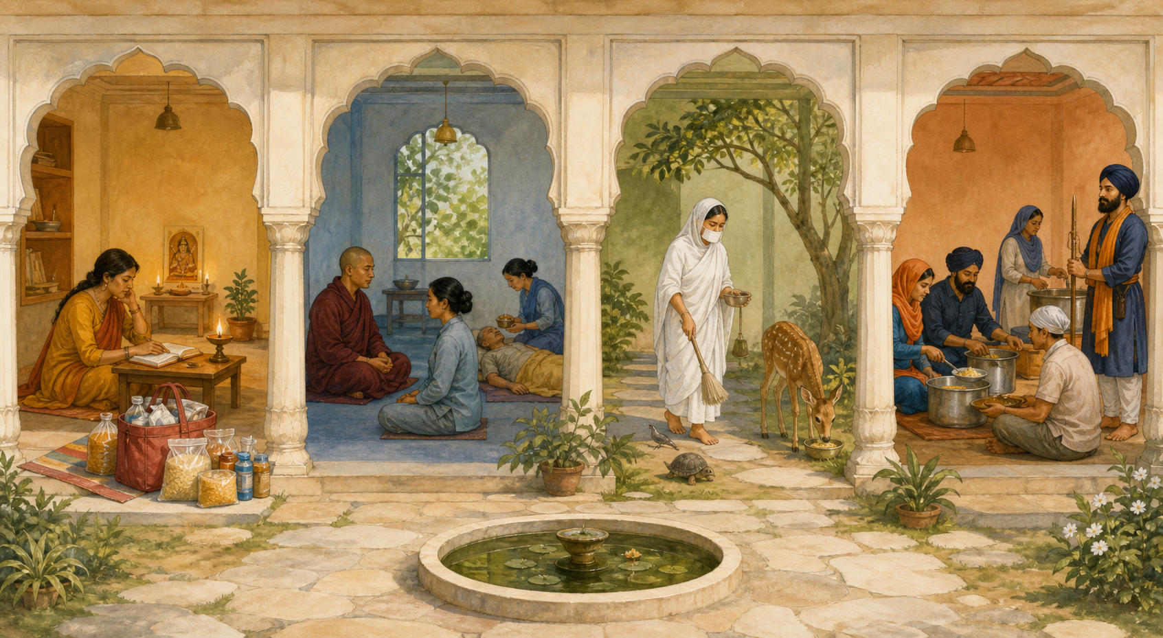 Four separate courtyard scenes show Hindu study and service, Buddhist meditation and care, Jain protection of living beings, and Sikh communal food service.
