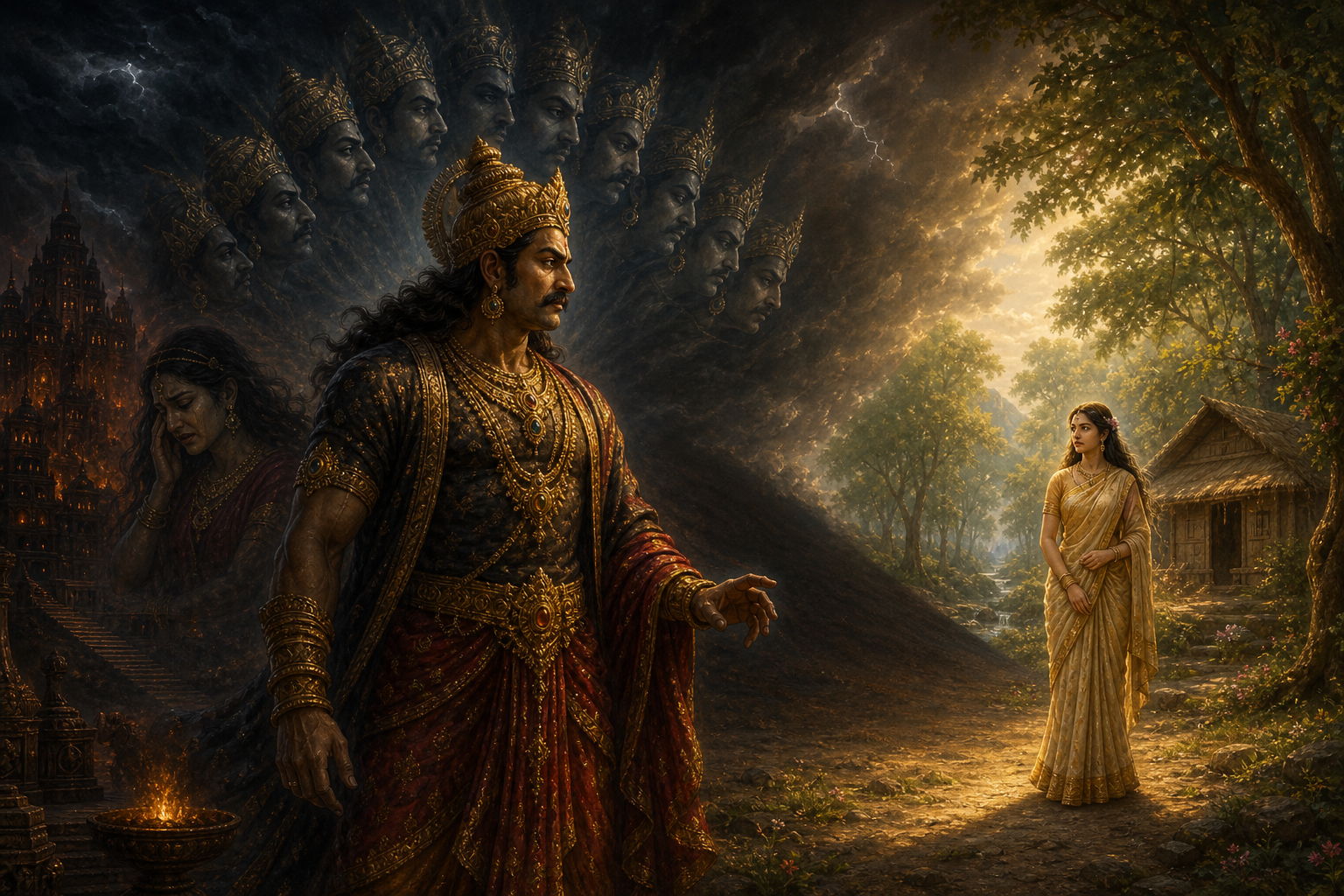 Ravana stands between a shadowed image of Shurpanakha and a brightly lit Sita near a forest hermitage, with faint crowned profiles forming a halo behind him.