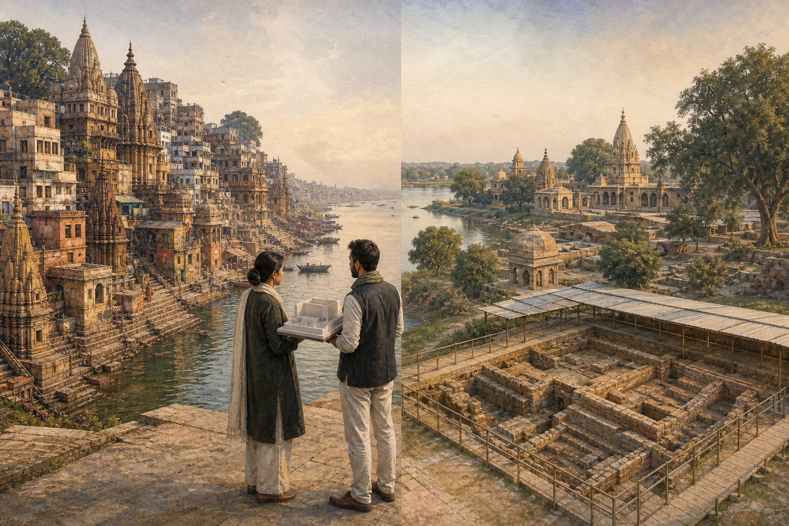 A paired heritage illustration contrasts Kashi's dense riverside lanes and layered buildings with Mathura's broader Yamuna landscape, courtyards, groves, and protected archaeological remains.