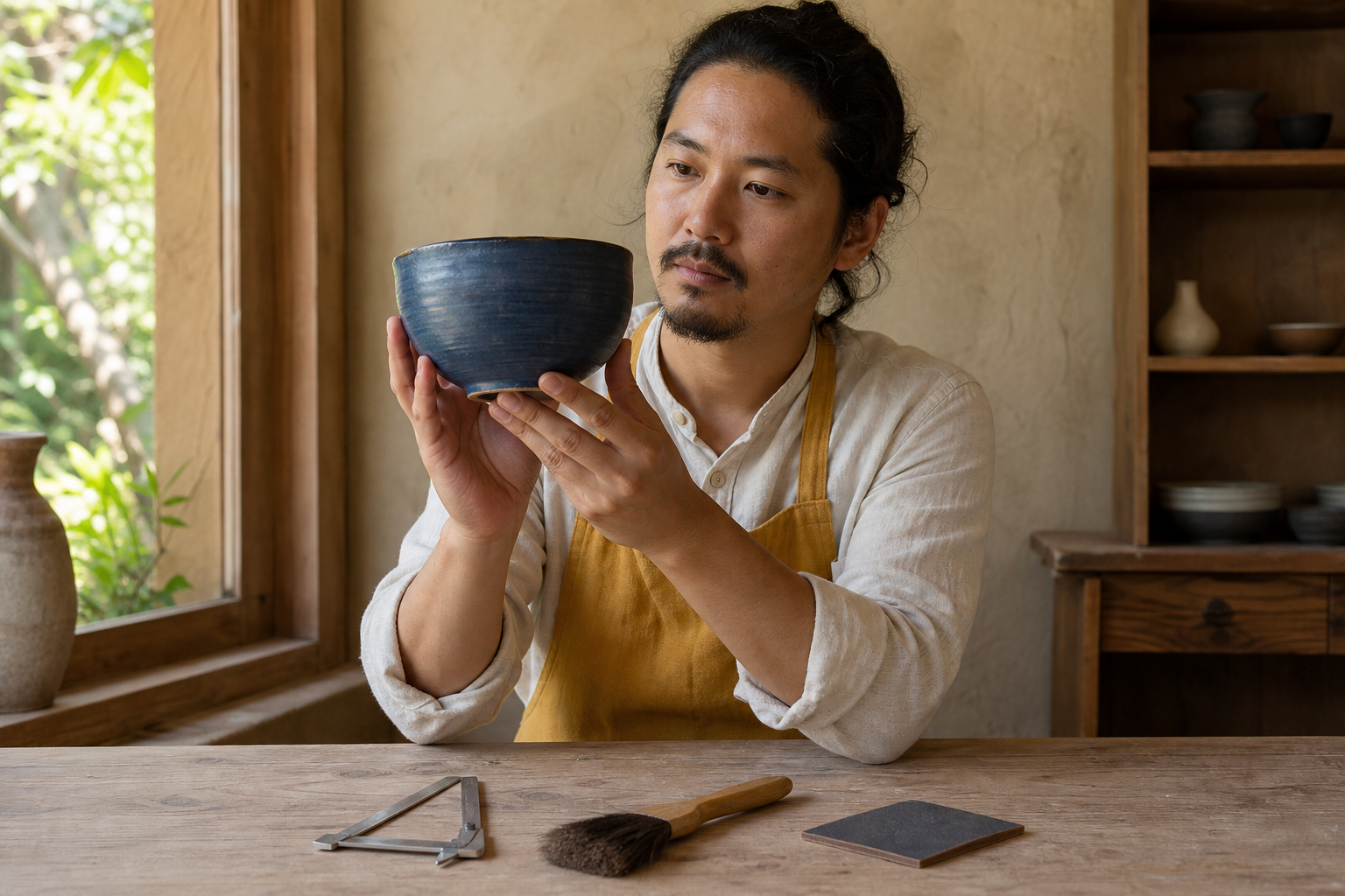 A ceramicist examines a hand-thrown indigo bowl with an uneven rim beside measuring and finishing tools.