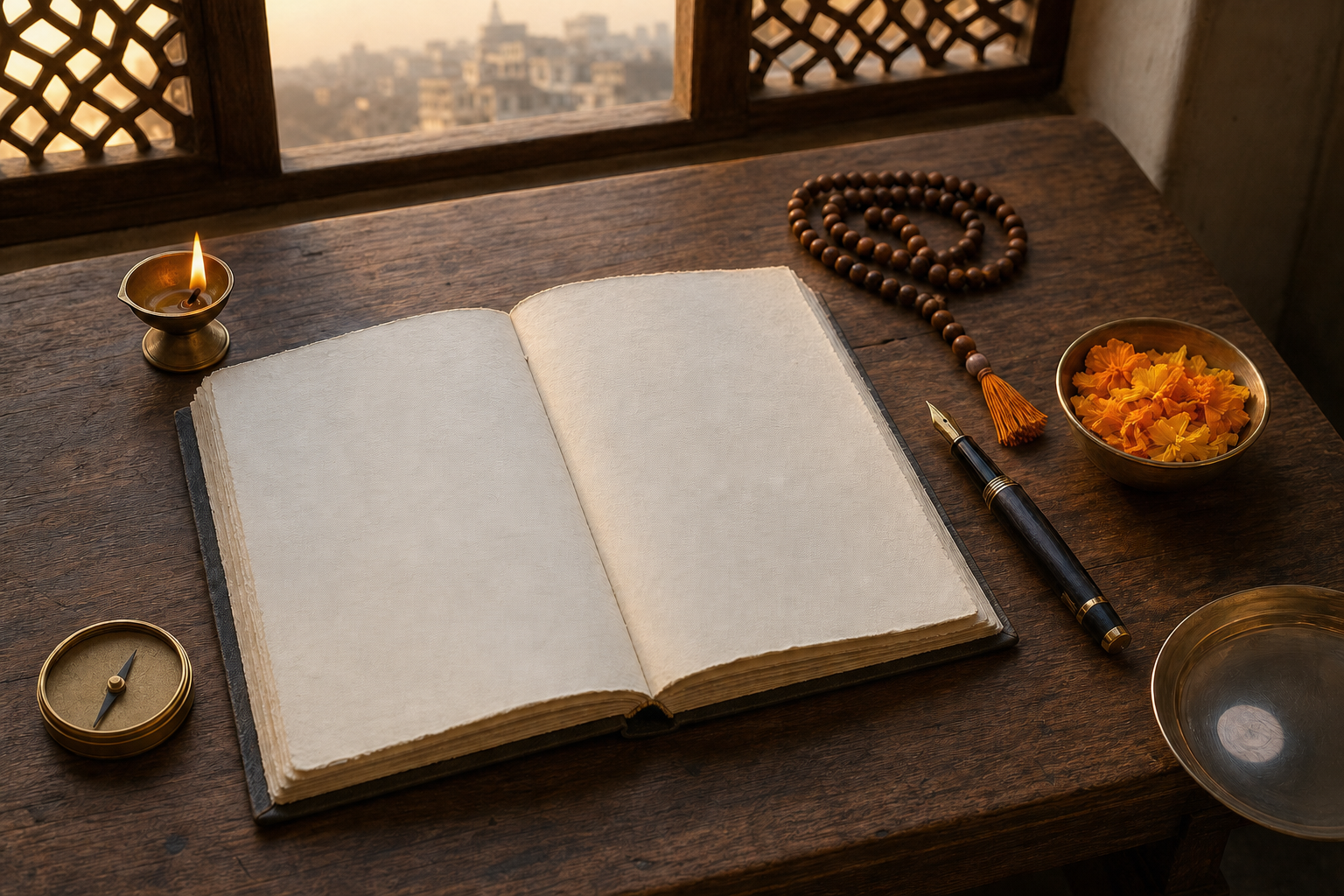 A blank handmade-paper planner, brass lamp, compass, prayer beads, pen, and marigold petals on a teak desk beside a sunrise-lit window overlooking an Indian city.