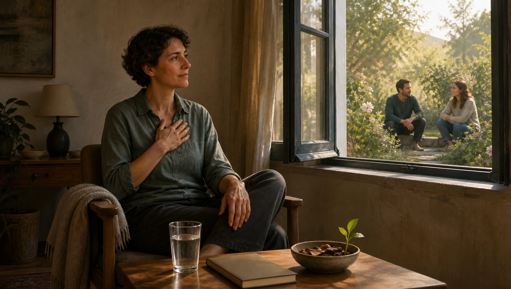 A person rests beside an open window after a crisis while two supportive friends wait in a sunlit garden outside.