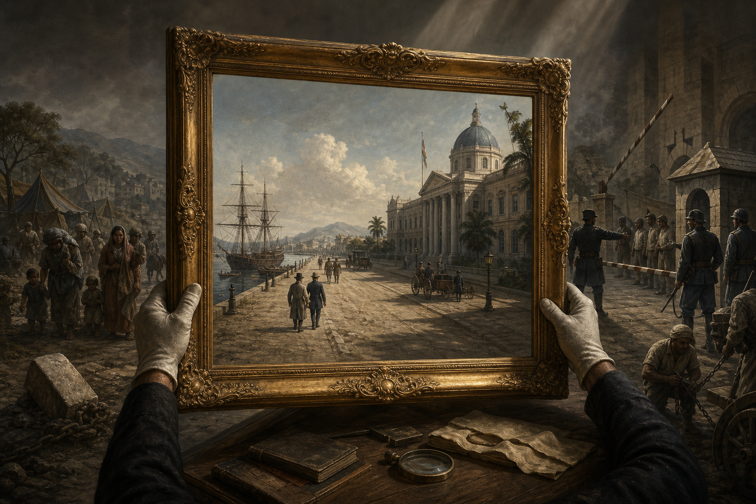 A gilded frame isolates a bright colonial road and port while displaced families, armed coercion, and forced labor remain visible outside its edges.