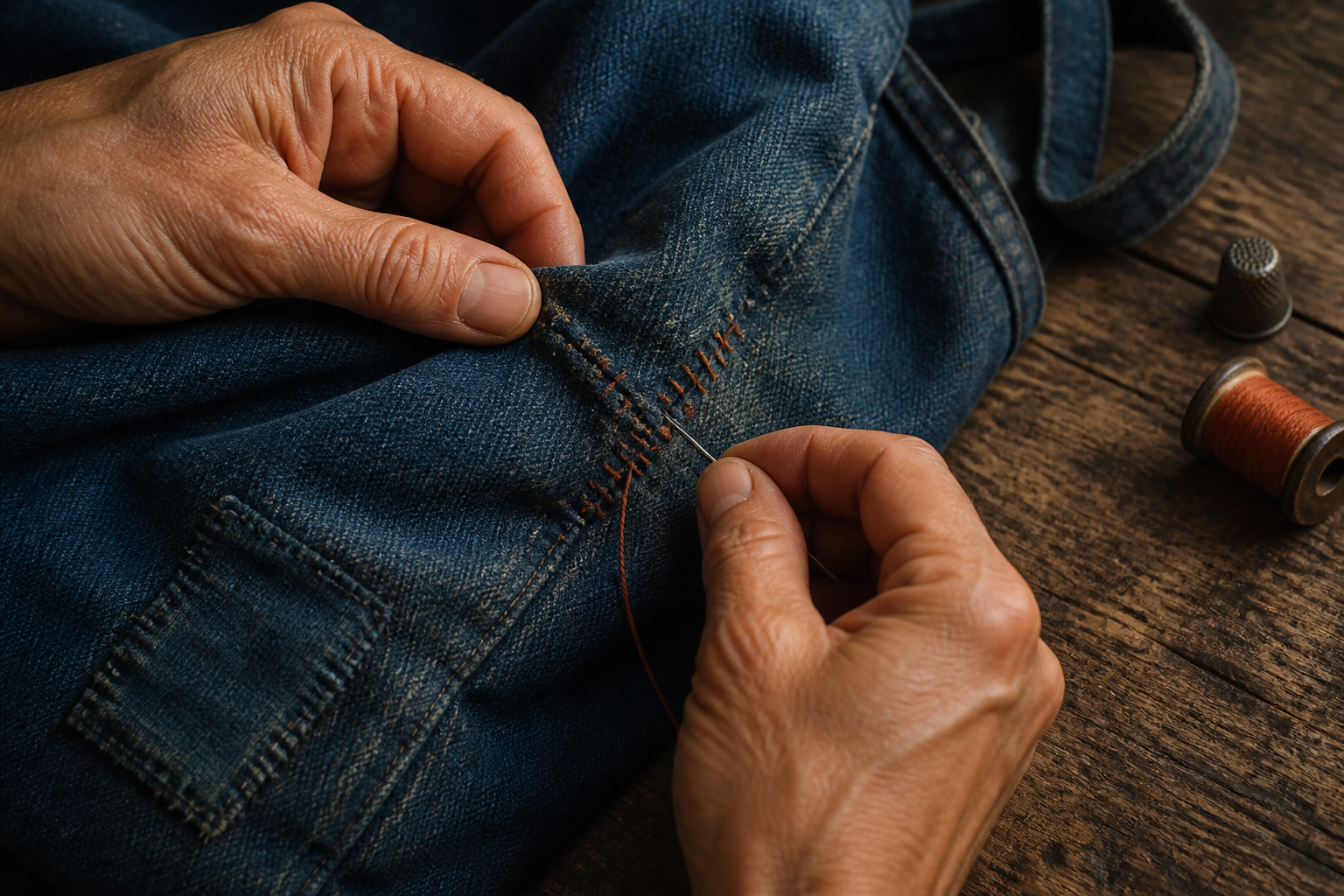 Hands reinforce a torn seam on a faded indigo linen bag while its creases, irregular weave, and older patch remain visible.