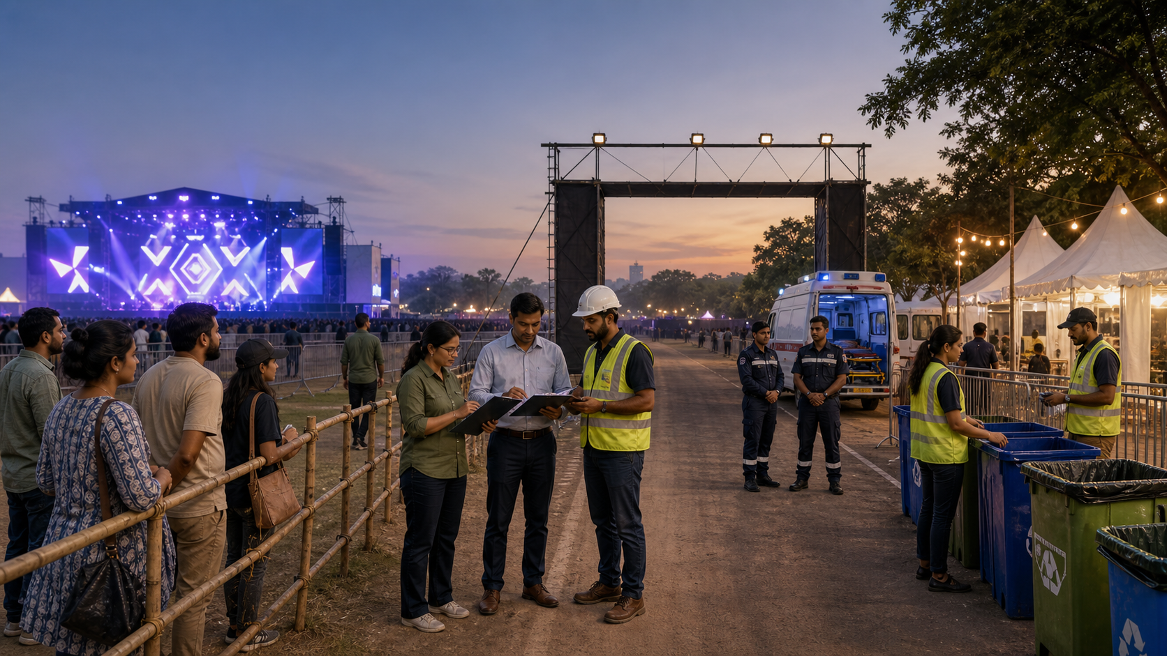 Festival staff, civic inspectors, emergency personnel, and local residents gather near the entrance to a large outdoor concert.