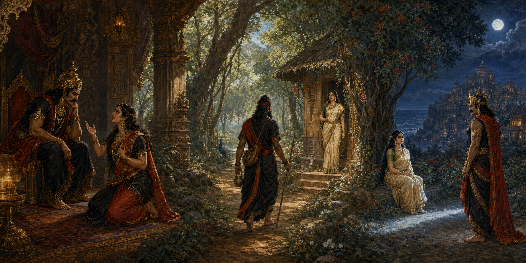 Three connected scenes show Ravana hearing Shurpanakha, approaching Sita's forest dwelling in disguise, and standing at a distance from Sita beneath an ashoka tree.