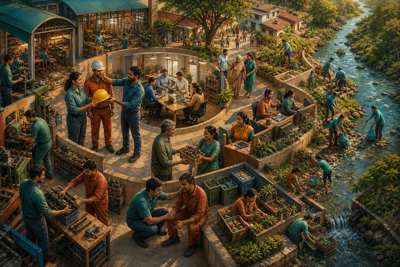 An overhead view shows a factory, supplier, office, customers, community, and river connected in a circular system with visible safety and environmental safeguards.