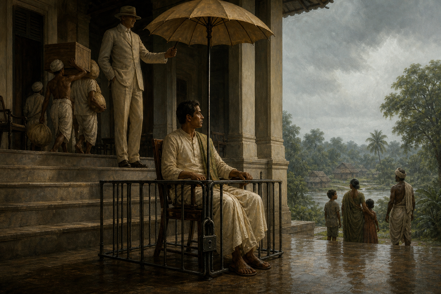 A colonial official holds a parasol whose handle forms part of a locked enclosure around a dignified seated adult looking toward a village beyond.