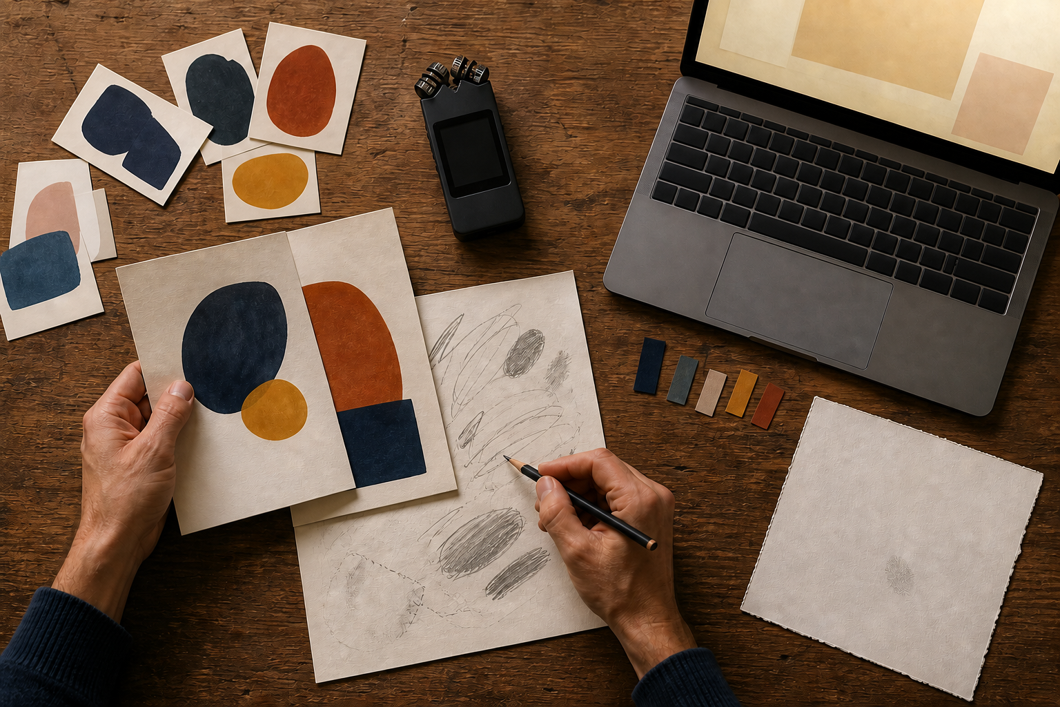 An overhead desk holds a recorder, abstract draft cards, a laptop, verification tabs, and a final rough-edged sheet as hands compare and revise the work.
