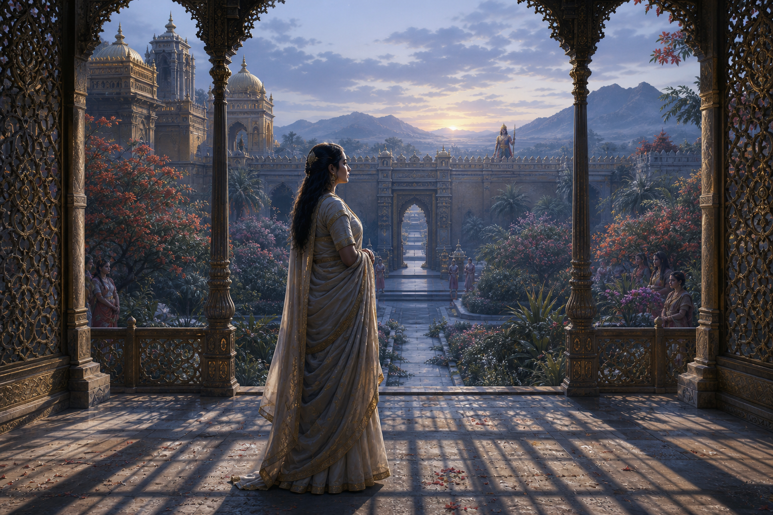 Sita stands in a beautiful but guarded ashoka grove, surrounded by palace walls and bar-like shadows while Ravana remains in the distance.