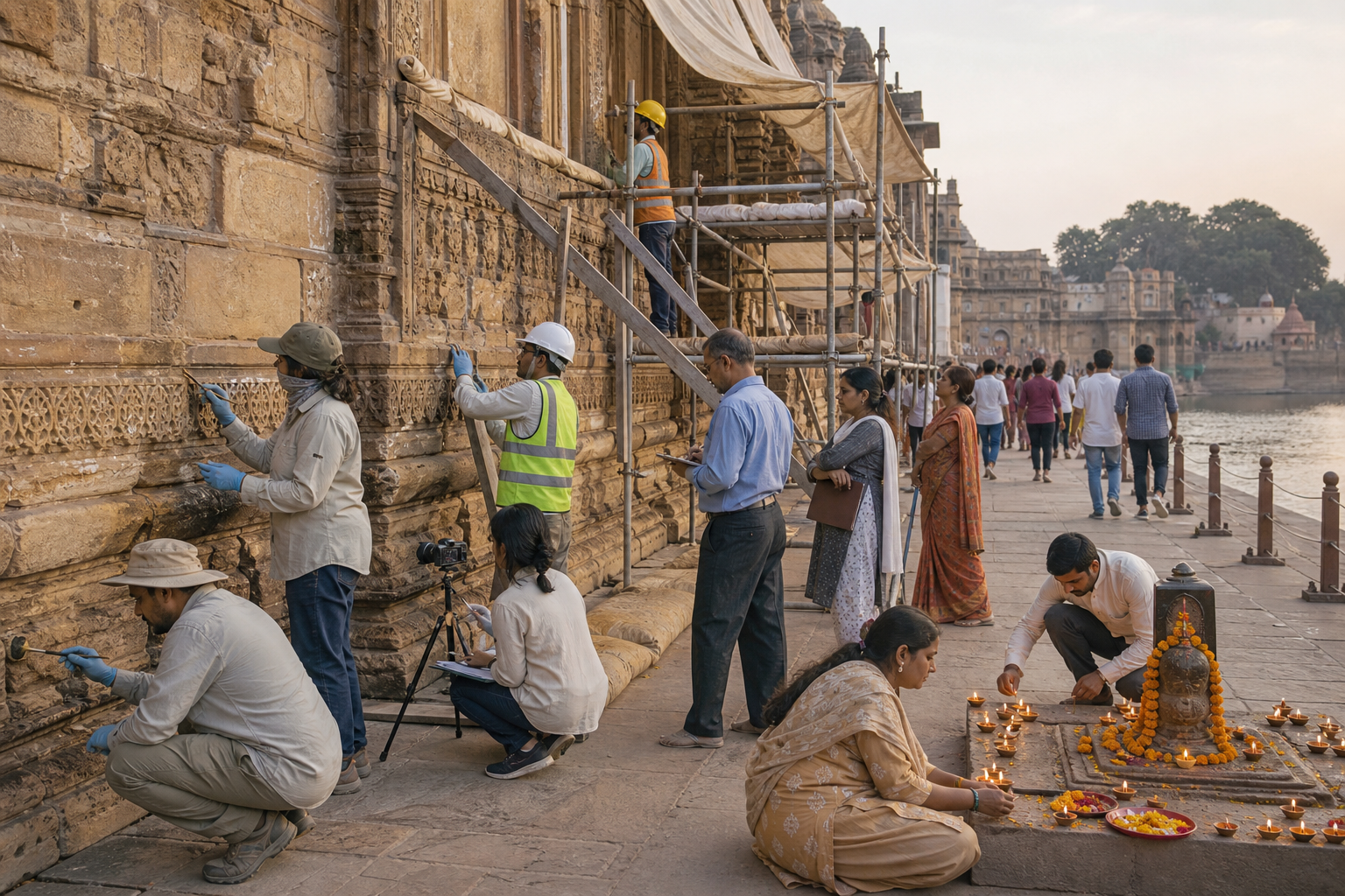 Conservators, archaeologists, engineers, caretakers, devotees, and residents share a protected historic riverside precinct while weathered masonry is documented and stabilized.