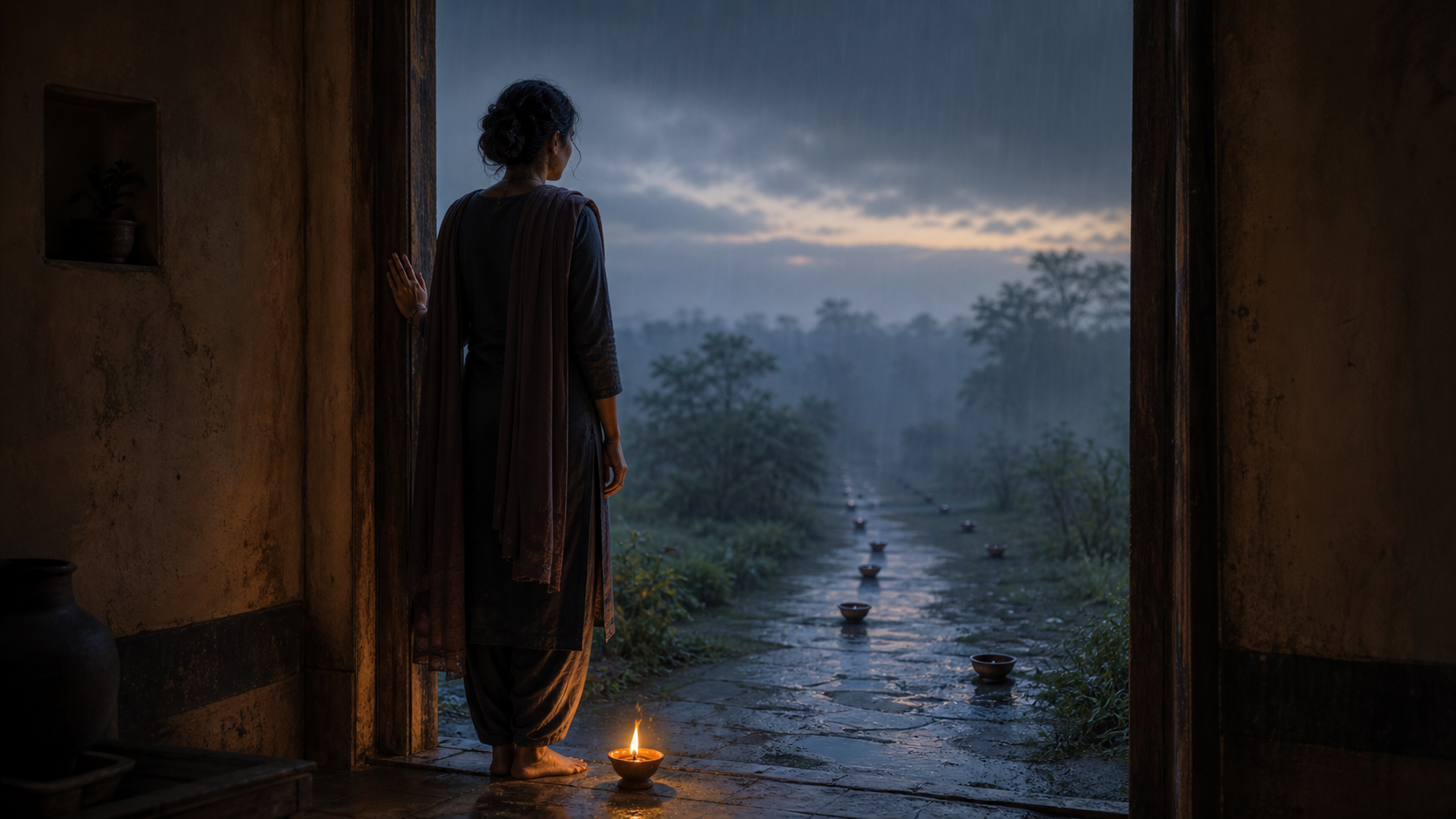 A solitary adult stands in a doorway at dawn beside one burning clay lamp as an extinguished trail of lamps fades into rain and mist.