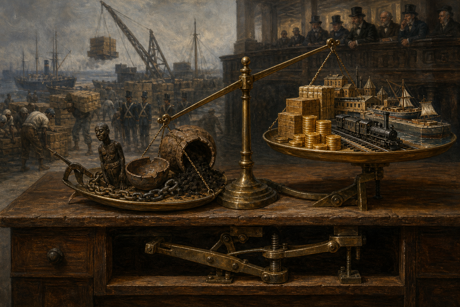 A counting-house scale displays coins, export goods, and infrastructure while land, tools, an empty bowl, and a broken chain sit on the opposite side beside a hidden brace.