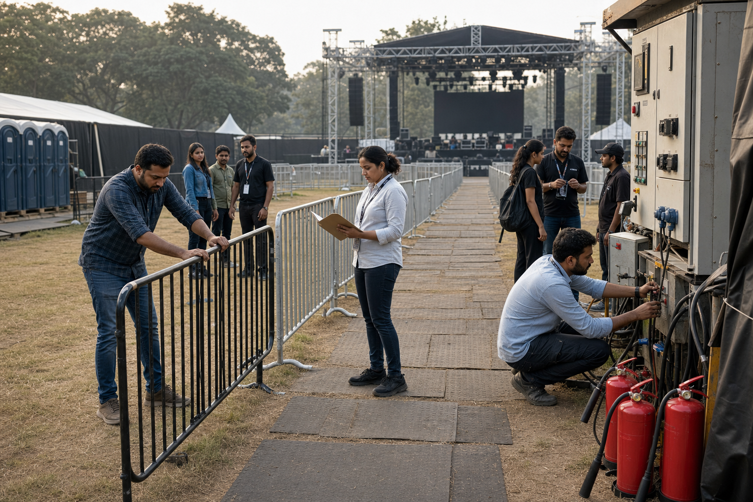 Inspectors examine electrical equipment, fire safety gear, barriers, and an emergency route at a festival site before opening.