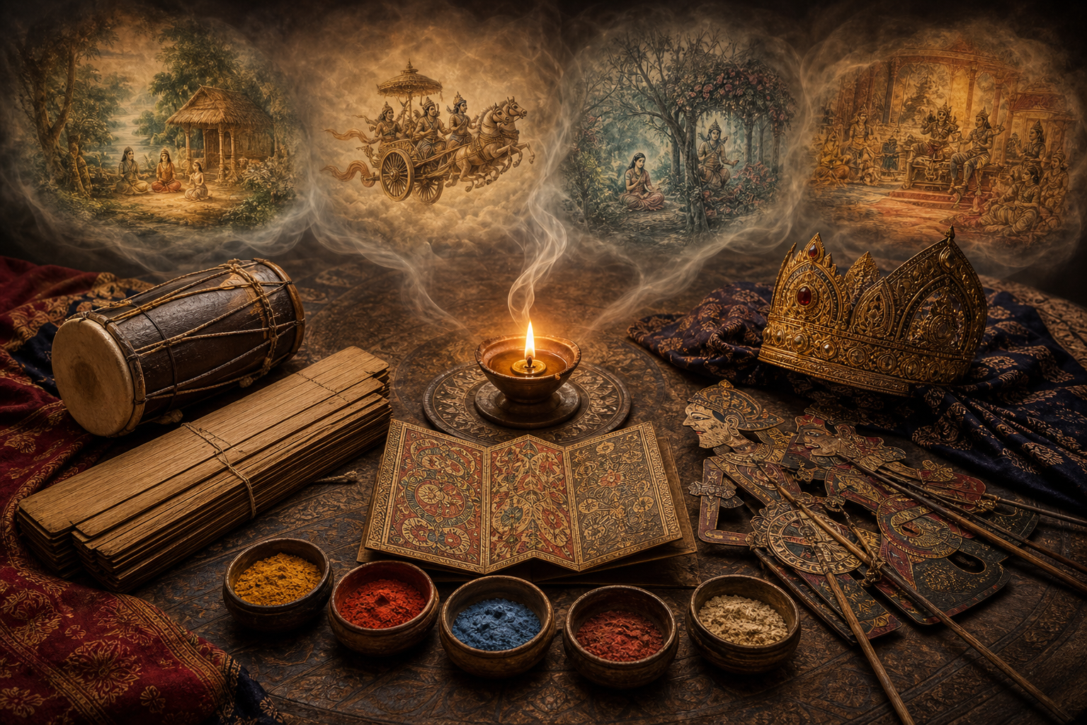 Palm-leaf manuscripts, performance objects, pigments, and puppets surround an oil lamp beneath several differing translucent scenes from the Ramayana story.