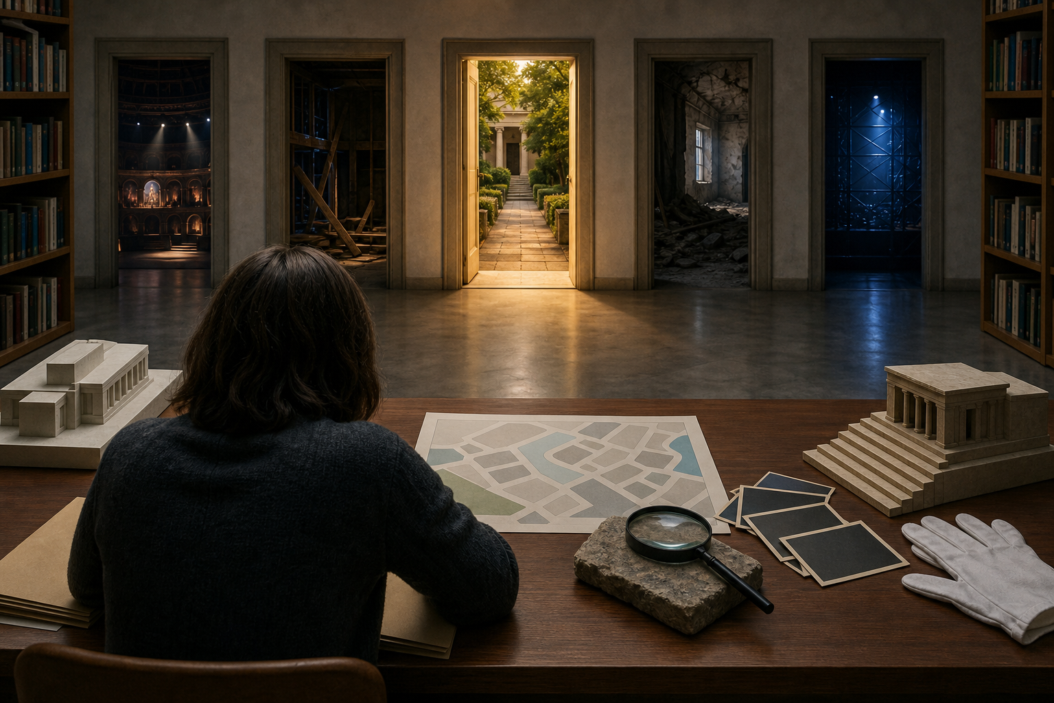 An anonymous reader examines evidence, a site model, legal and conservation objects before several symbolic doorways, with one calm illuminated route ahead.