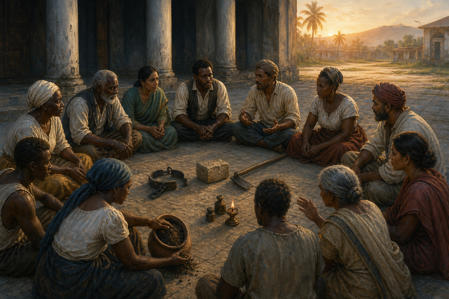 An intergenerational group from several colonized communities sits in an equal circle examining a broken shackle, a boundary stone, tools, soil, and a lit oil lamp at dawn.