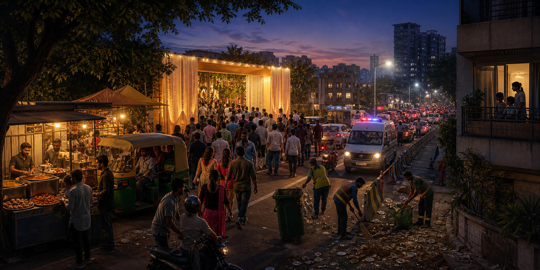 A festival district shows visitors and local vendors alongside traffic, emergency access, nearby residents, and cleanup workers.