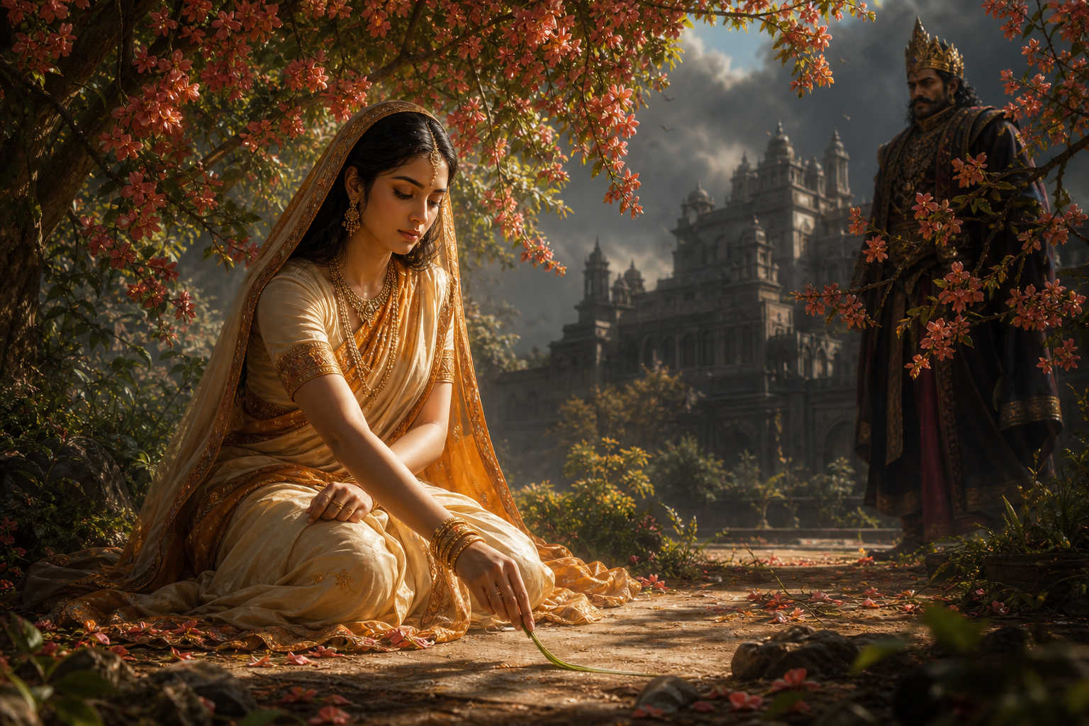 Sita sits upright beneath an ashoka tree and places a blade of grass between herself and the distant figure of Ravana.