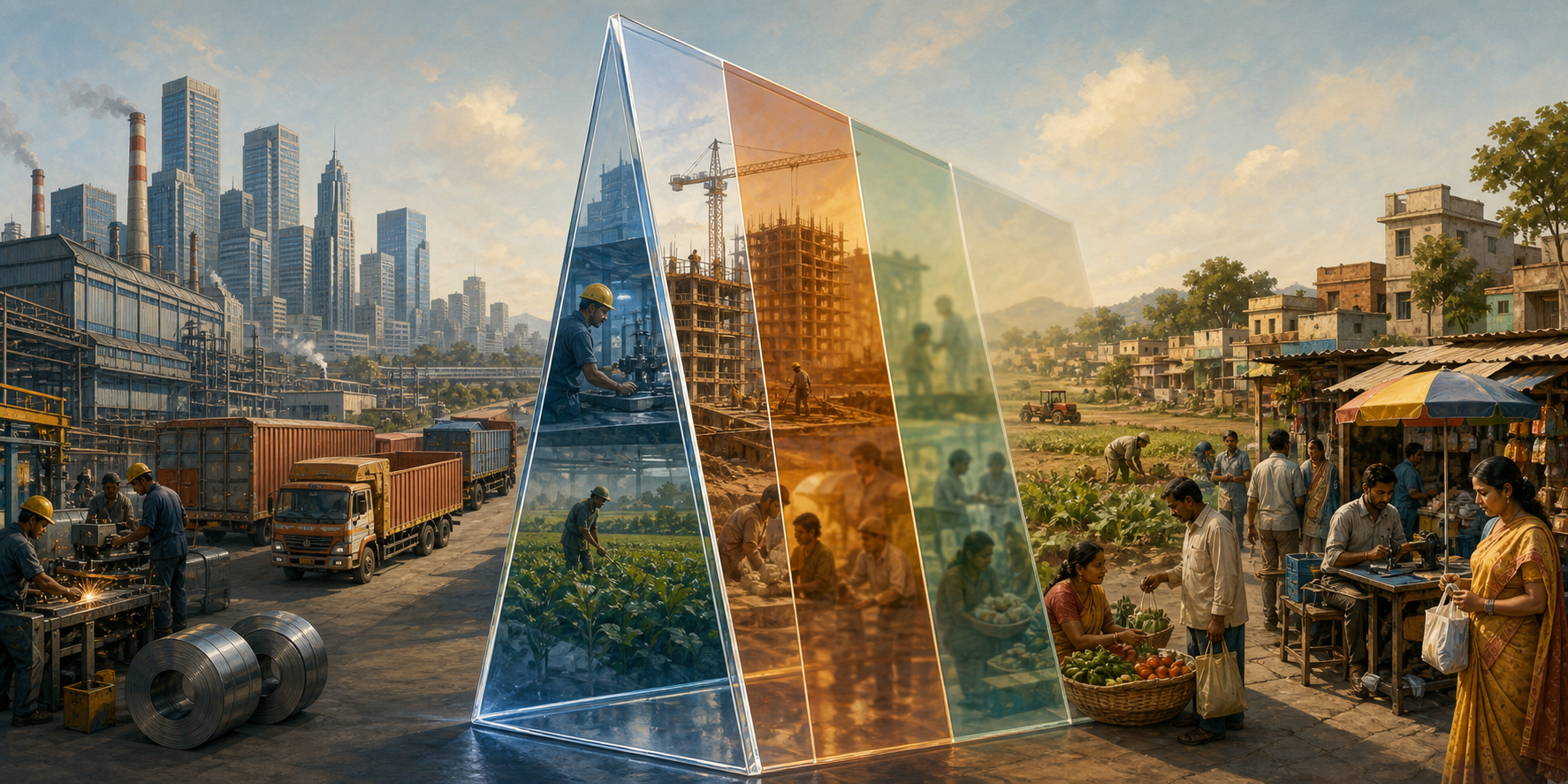 Editorial illustration of factories, offices, farms, shops, street vendors, freight, and households viewed through a transparent measuring prism.