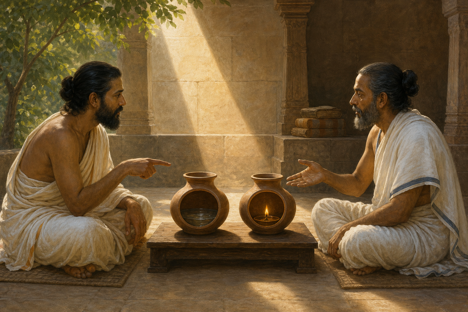 Two Indian scholars sit in a shaded courtyard and compare two similar-looking clay vessels whose interiors and functions differ.