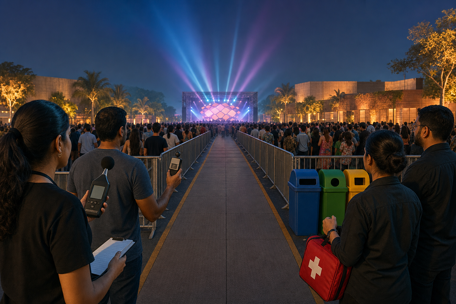 Observers monitor sound, crowd safety, medical readiness, waste facilities, and emergency access during an outdoor music performance.