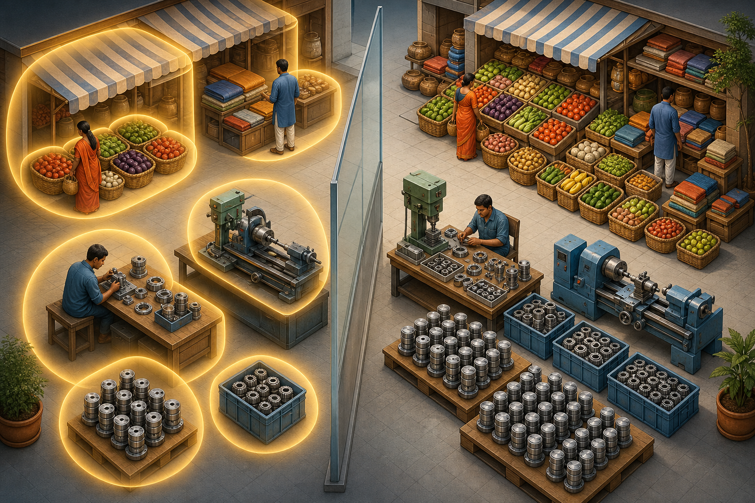 Two parallel market and workshop scenes contrast expanding price halos with a visible increase in the quantity of goods produced.