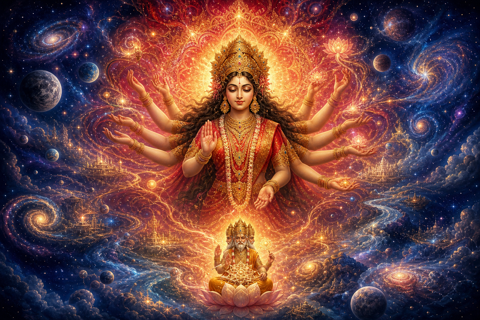 A radiant many-armed Devi presides over galaxies and flowing cosmic light while a smaller four-faced Brahma sits on a lotus below, shaping forms within the illuminated universe.