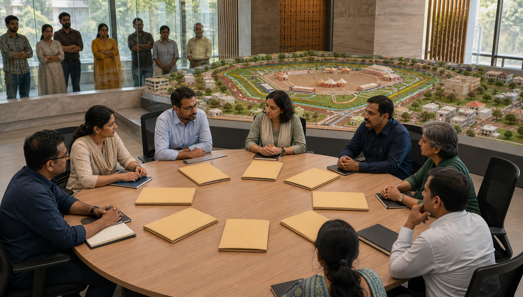 Community representatives, safety officials, and festival organizers review eight evidence folders around a public meeting table.