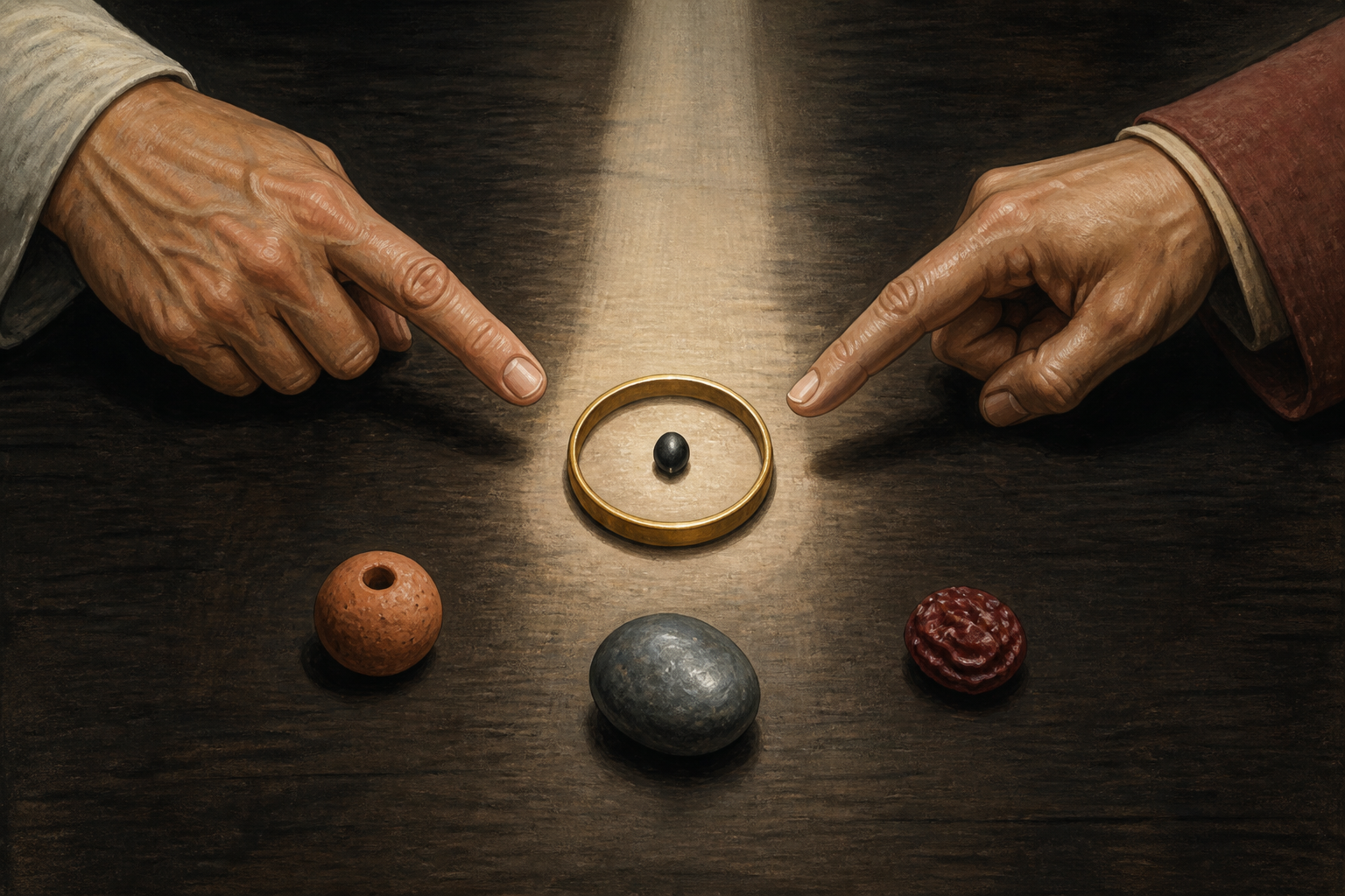 Two hands point to a black seed isolated inside a brass ring, while a bead, pebble, and berry remain outside it.