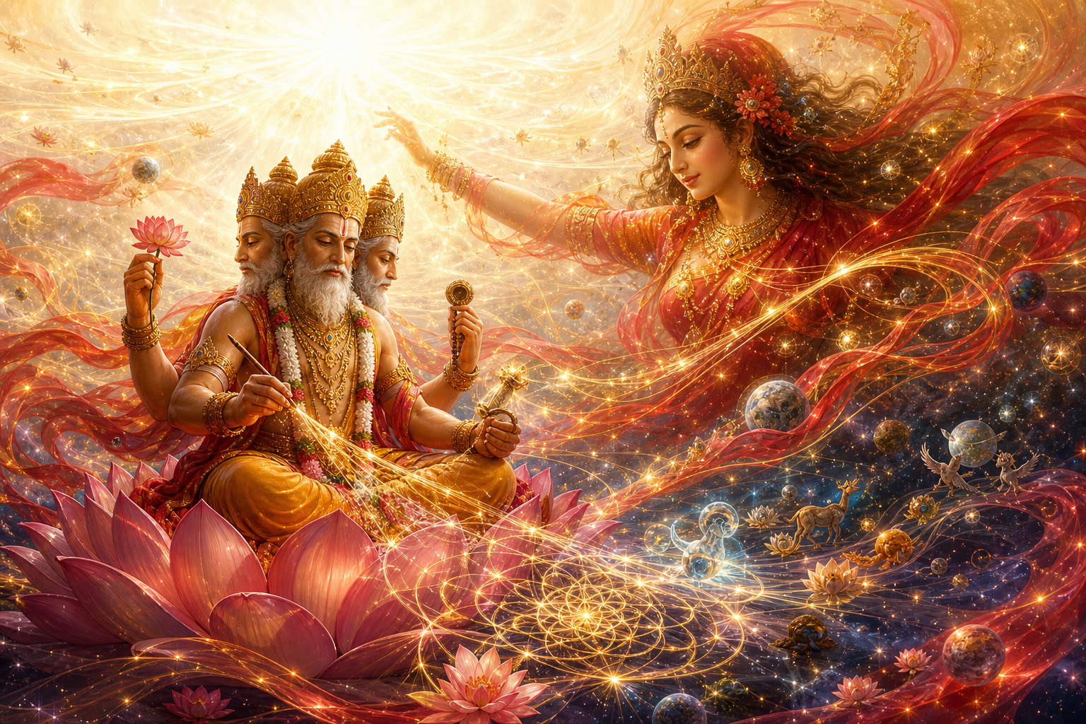 Four-faced Brahma forms stars from a lotus in the foreground as a radiant Devi and an unbounded field of white-gold light fill the larger cosmic setting.