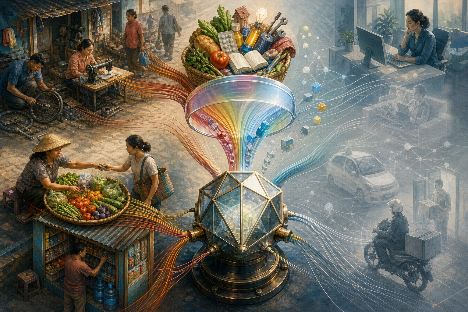 Three connected scenes show informal businesses, a price-adjustment lens, and partly observed service activity feeding an economic measuring instrument.