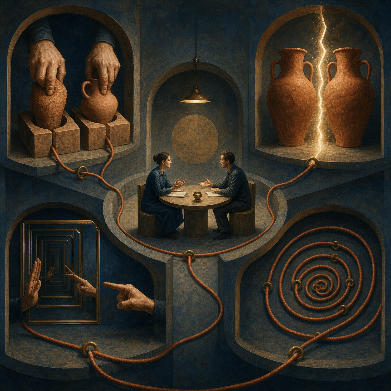 Four surrounding alcoves show mismatched objects forced together, similar vessels split apart, gestures reflected in mirrors, and a cord trapped in repeating knots.