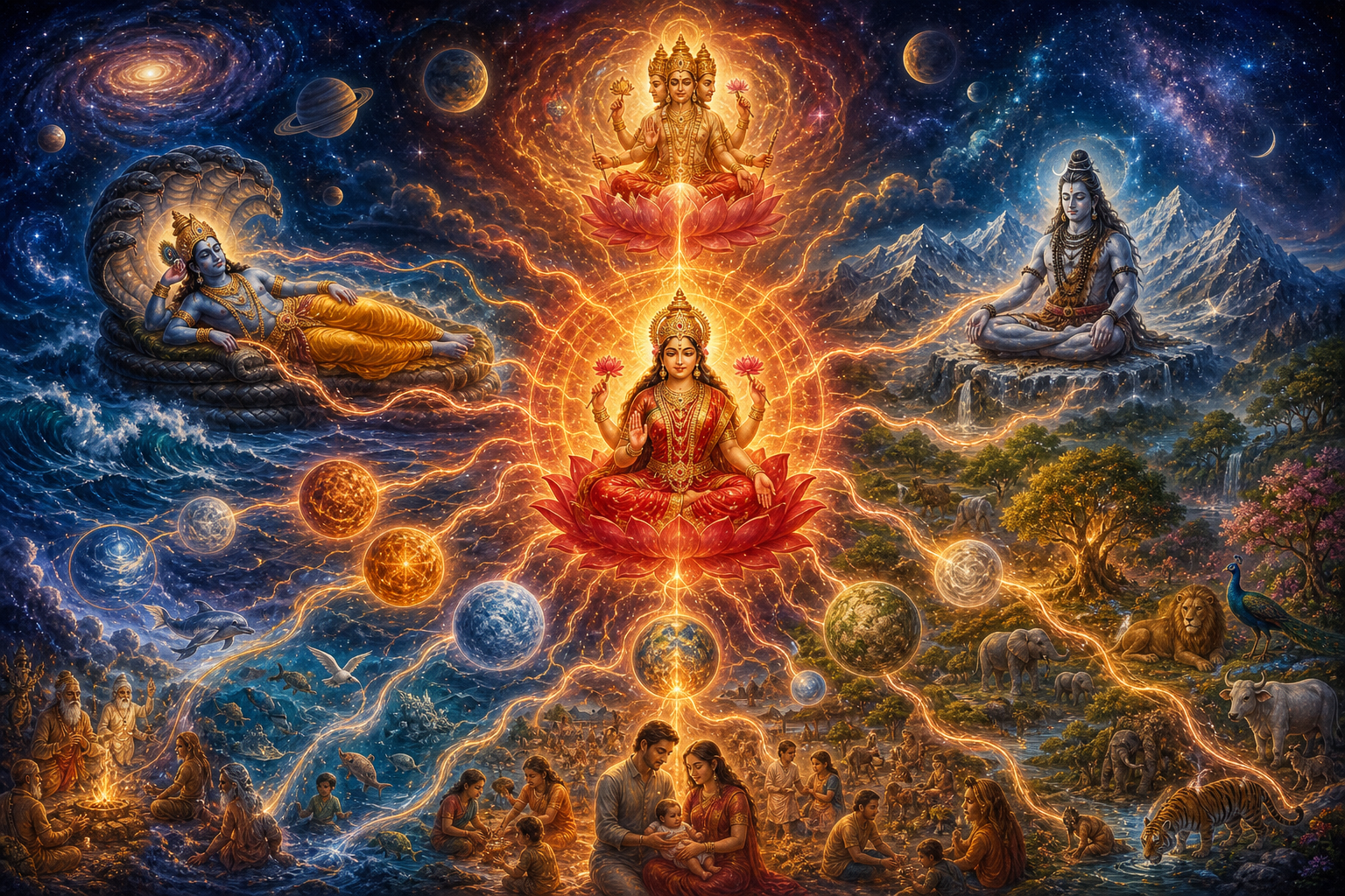 Devi radiates concentric streams of light toward divine figures, planets, forests, oceans, animals, and people in a layered cosmic scene.
