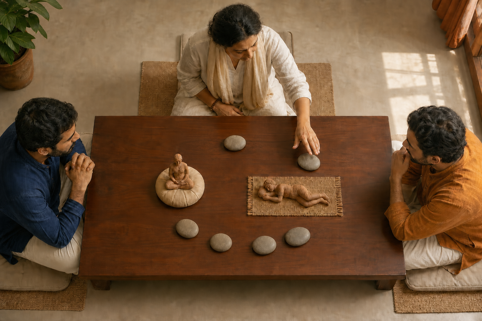 Three people examine miniature meditation and sleeping scenes on a table surrounded by a path of six unmarked stones.