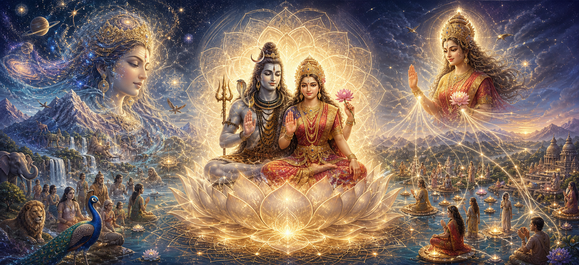 A central Devi appears across three connected cosmic settings: merged with nature, seated inseparably with Shiva, and linked by light to individual beings and the world.