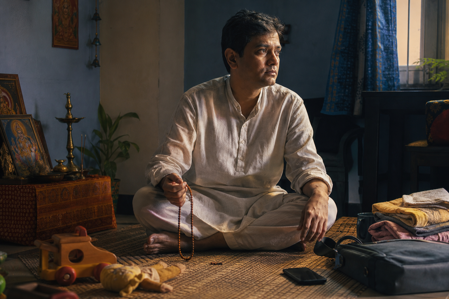 A householder sits with prayer beads beside a small puja space, surrounded by a work bag, a child's toy, folded laundry, and a phone.