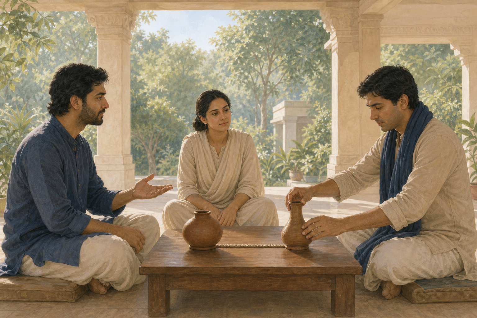 Two seated practitioners calmly reconsider clay objects during a discussion while a third person listens in a sunlit garden pavilion.