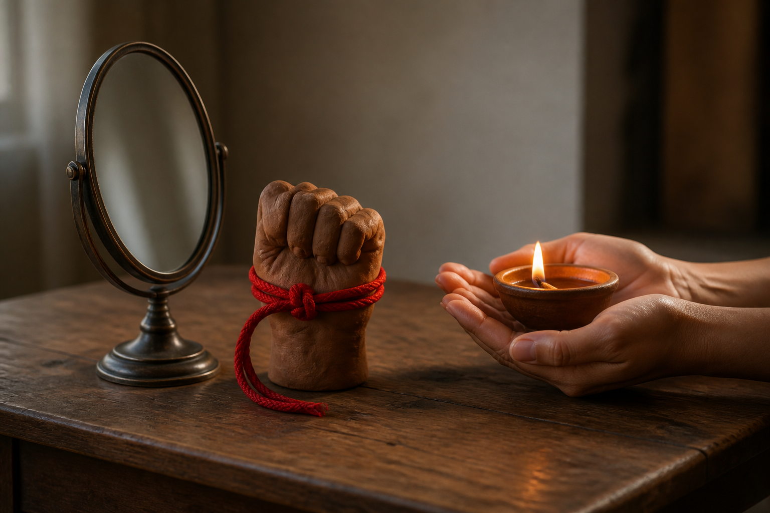 A hand mirror, a red cord knotted around a clay fist, and two open hands supporting a small oil lamp are arranged on a wooden table.